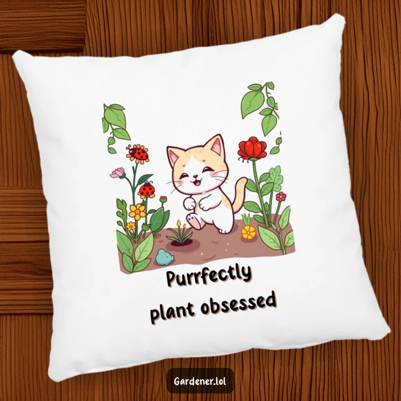 Funny Kawaii cat gardener pillow, depicting a playful cat chasing a ladybug amidst plants, providing a cozy and humorous touch.