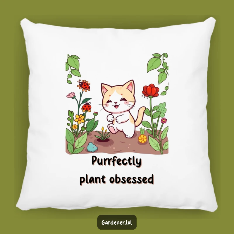 Funny Kawaii Cat Gardener Pillow, Playful Ladybug Chase Cushion, Comfy & Cute Gift