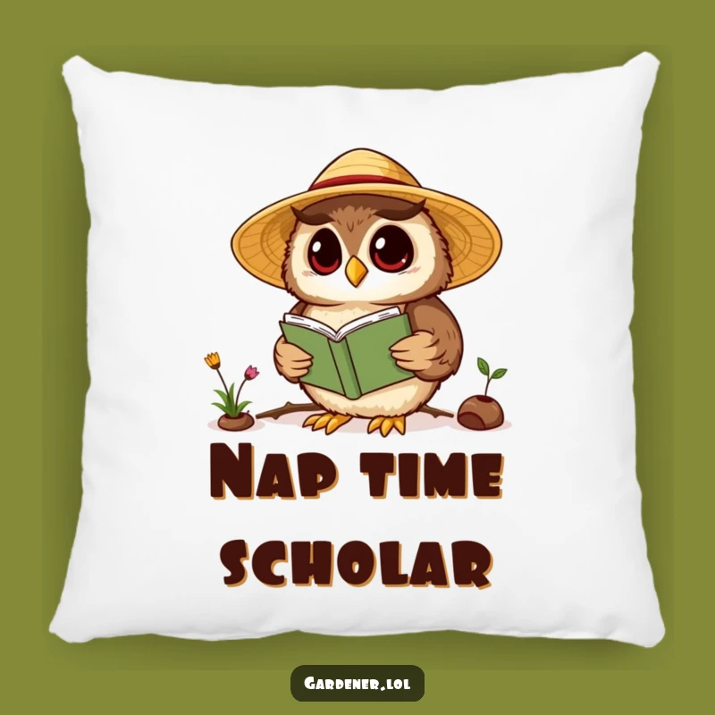 Funny Kawaii Owl Gardener Pillow, Wise Reading Cushion, Comfy & Clever Gift