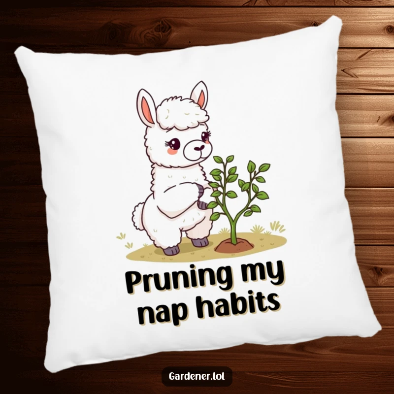 Funny Llama Gardener Pillow: A cute llama carefully prunes a bonsai, offering comfort and a humorous touch to your decor.
