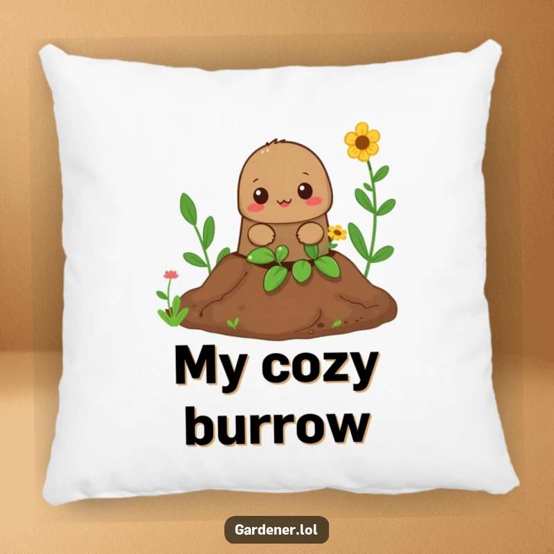 Funny Mole Gardener Pillow: A curious mole pops out of a hole, offering comfort and a whimsical touch to your decor.