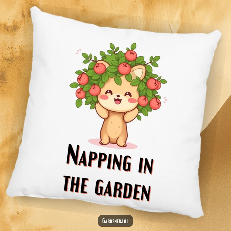 Funny pillow featuring a cheerful animal character pruning a small, friendly bush, offering comfort and a touch of garden humor.