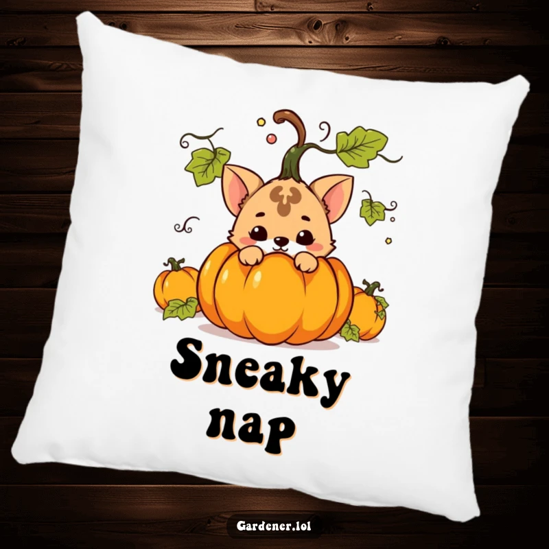 Funny pillow illustrating a mischievous animal character hiding behind a large pumpkin, adding playful secrecy and fall humor.