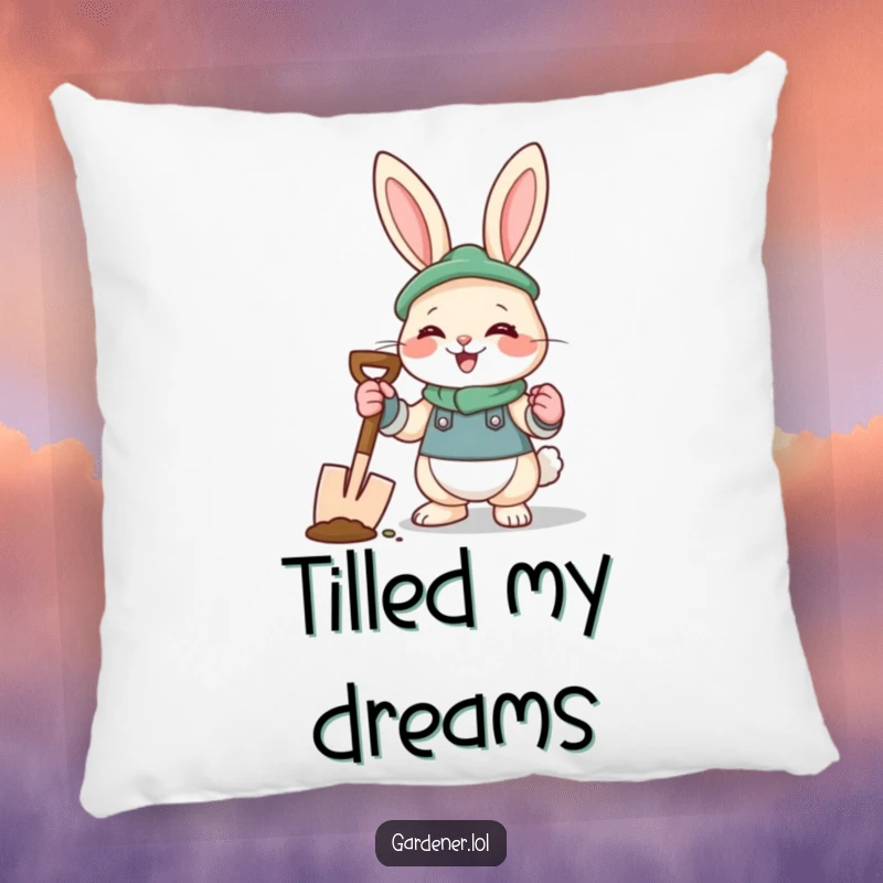 Funny rabbit gardener pillow featuring a smiling bunny in gardening gloves holding a spade, perfect for a cozy touch.