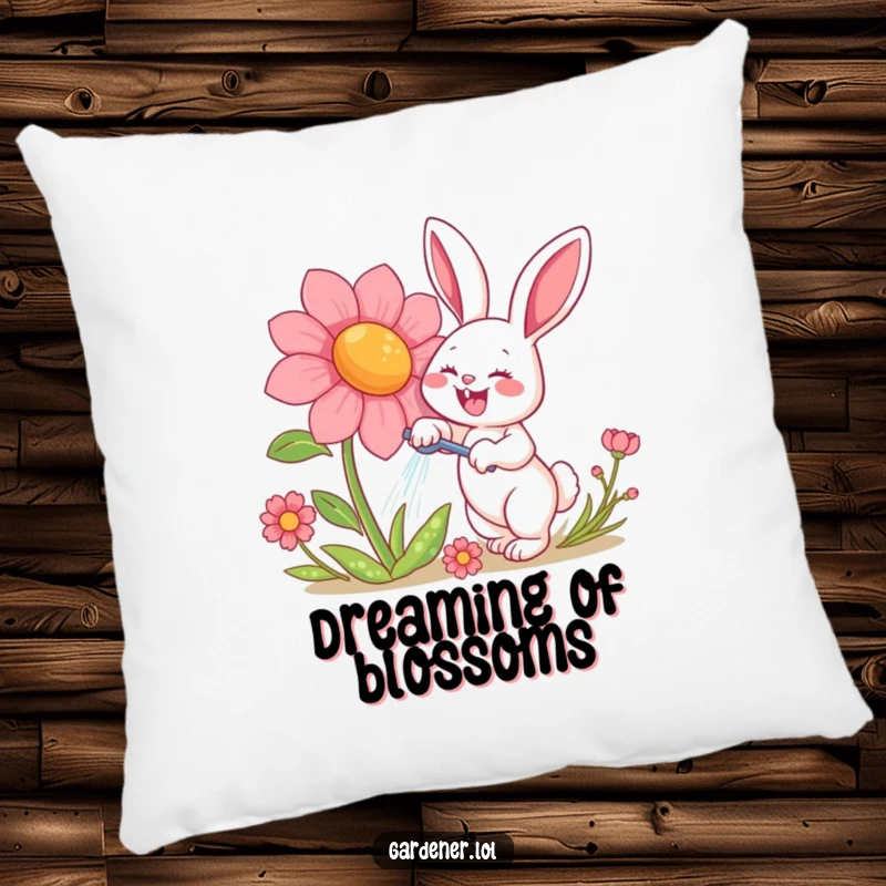 Funny pillow featuring a happy rabbit character gleefully watering a giant, smiling flower, offering comfort and humorous garden-themed decor.