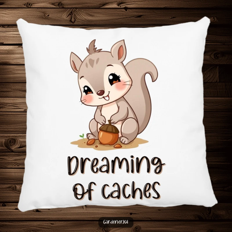 Funny pillow with a curious squirrel planting a tiny acorn with a smile, providing a soft and humorous decorative accent.
