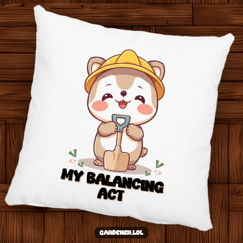 Funny pillow with a happy character balancing a tiny shovel on its nose, whimsical comfort.