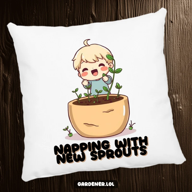Funny pillow with a cheerful character planting small seeds into a giant pot, garden-themed comfort.