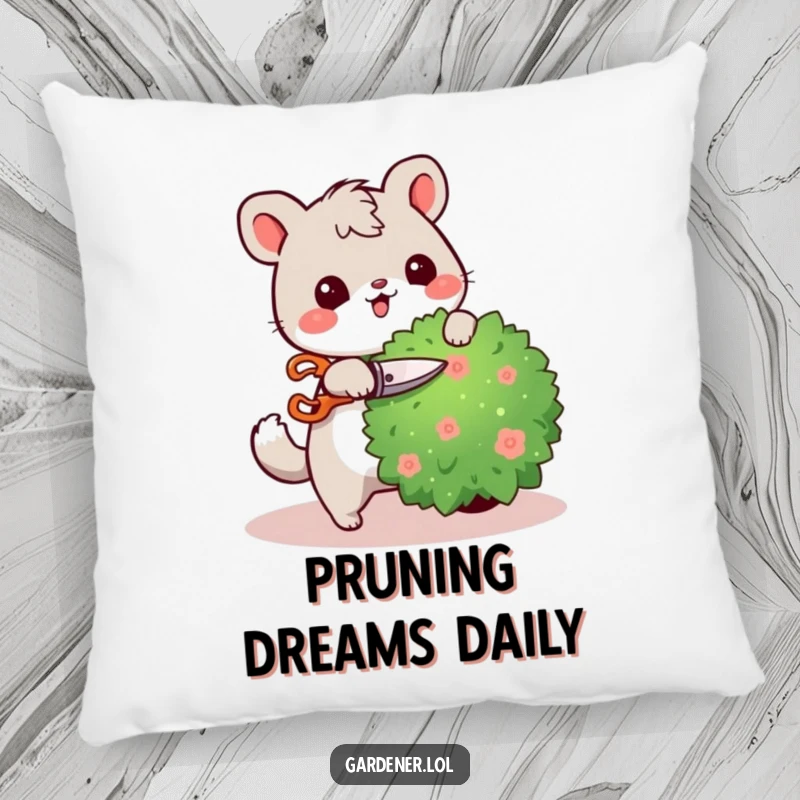 Funny pillow with a cute animal character happily pruning a bush with tiny shears, offering comfort and a humorous gardening accent.