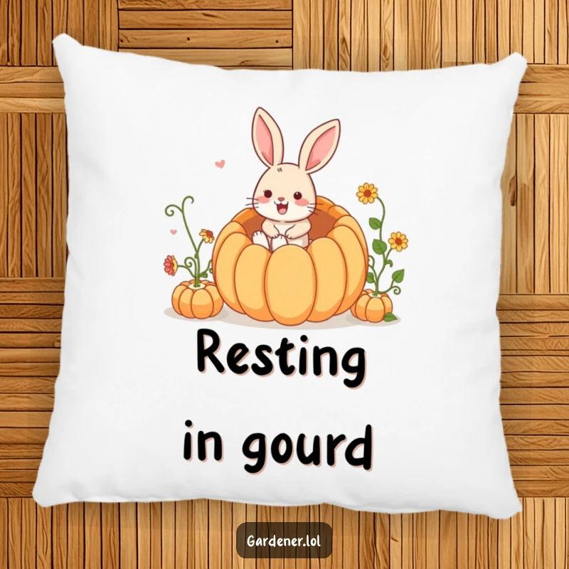 Funny Pillow: An energetic rabbit gardener joyfully hops into a giant, round pumpkin, full of excitement.