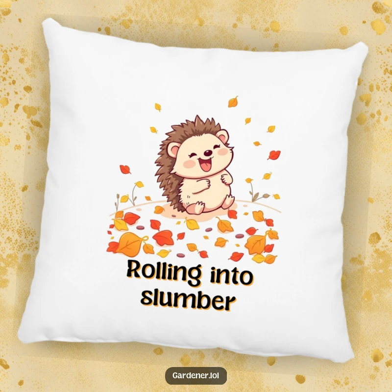 Funny Hedgehog Gardener Pillow: A delightful hedgehog happily tumbles through autumn leaves, bringing soft comfort and humor.