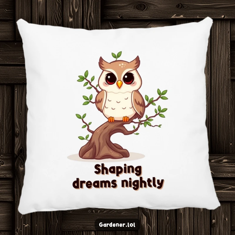Funny owl with pruning shears next to a bonsai tree, designed for a comfortable funny pillow.