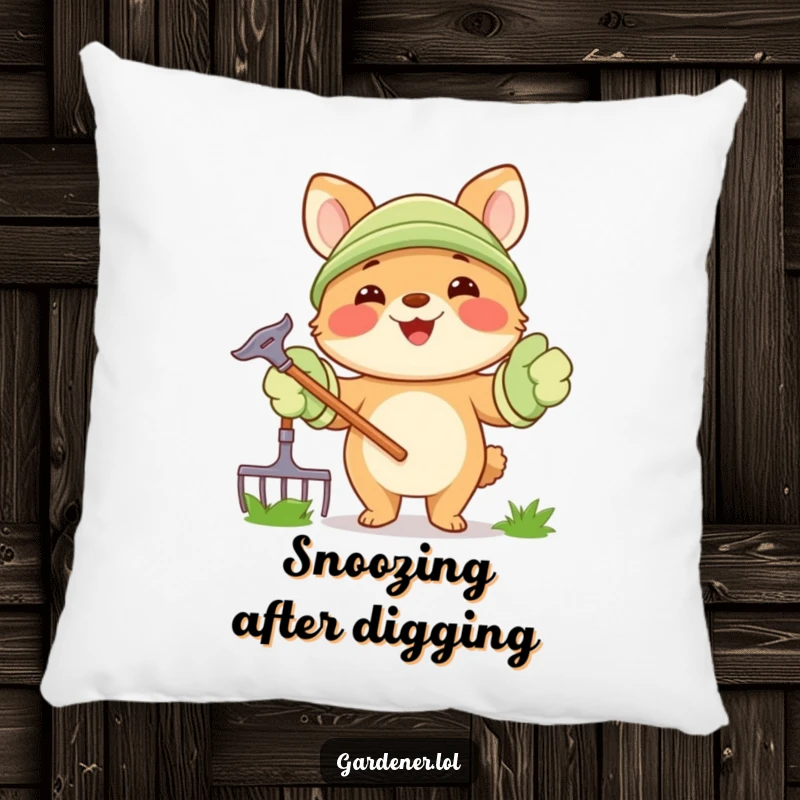 Funny Pillow: A joyful animal character happily holds a rake, wearing oversized gardening gloves, offering comfort and garden cheer.