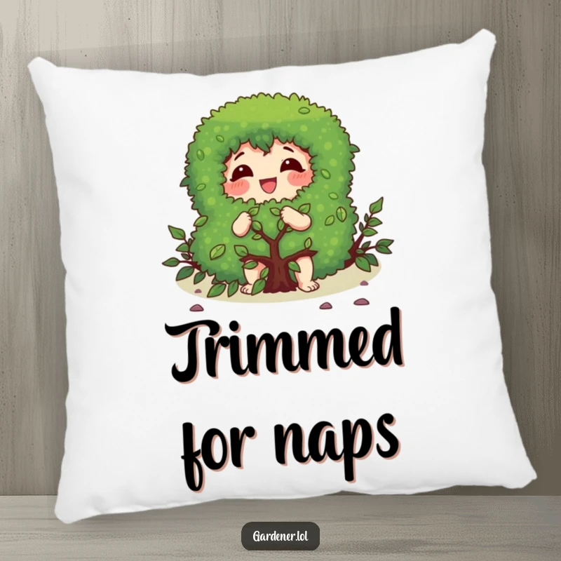 Funny pillow featuring a character gleefully pruning a bush with a focused expression, perfect for cozying up with garden fun.