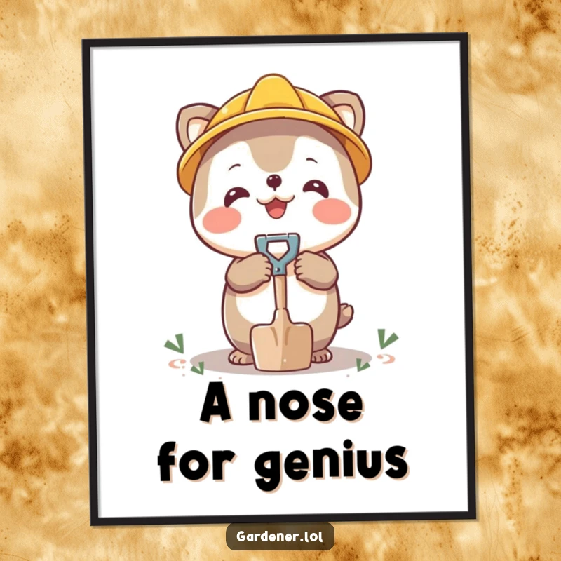 Funny digital art print of a happy character balancing a small shovel on its nose, whimsical humor.