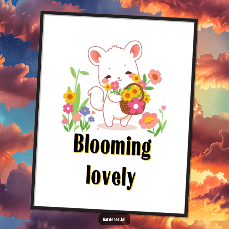 Funny digital art print of a cute animal character happily collecting vibrant flowers in a basket, a charming and joyful piece of decor.