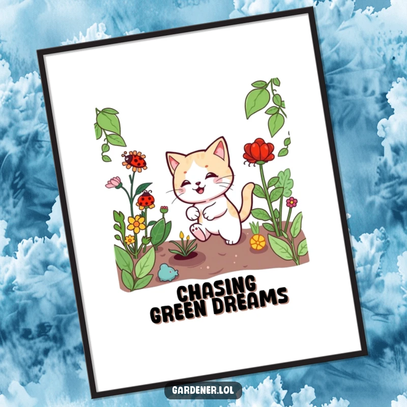 Funny Kawaii cat gardener digital art, depicting a playful cat chasing a ladybug among plants, perfect for instant whimsical decor.