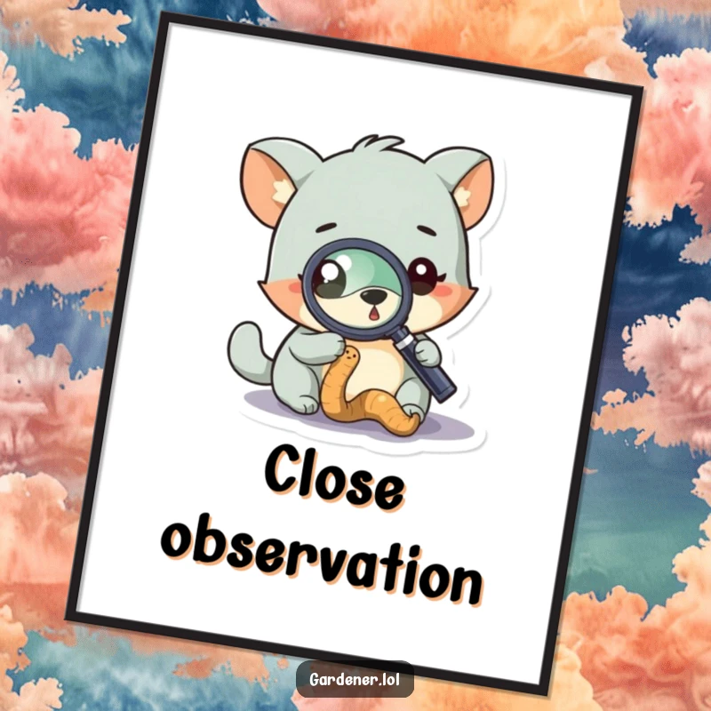 Funny digital art print of a curious animal character using a magnifying glass to examine a worm, adding a humorous scientific touch.