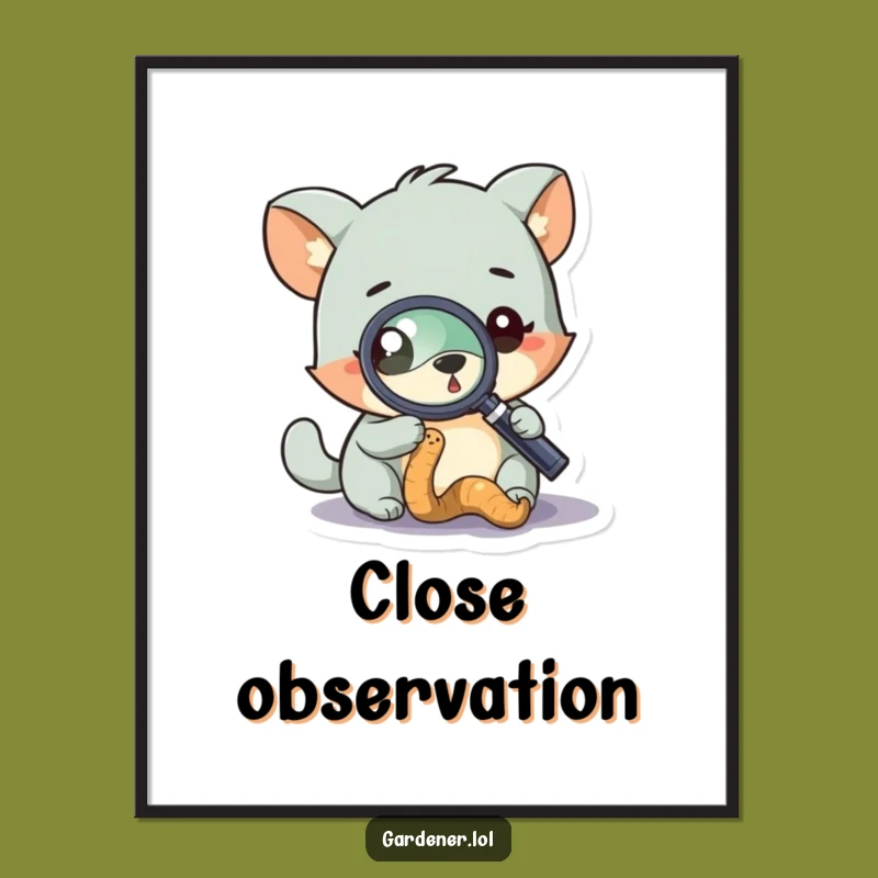 Funny Curious Animal Worm Print: Magnifying Glass Art Gift