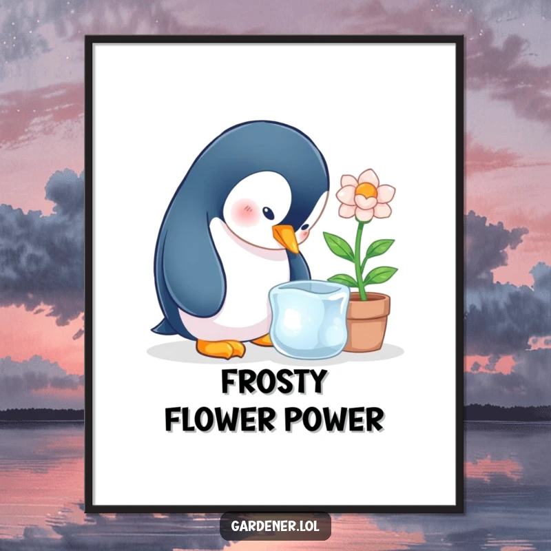 Funny penguin curiously tending a potted ice flower, a charming digital art print.