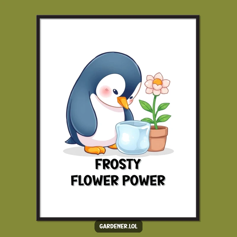 Funny Penguin Ice Flower Digital Art, Whimsical Winter Decor