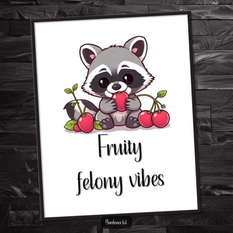 Funny Kawaii raccoon gardener digital art print of a mischievous character sneaking a berry, instant download.
