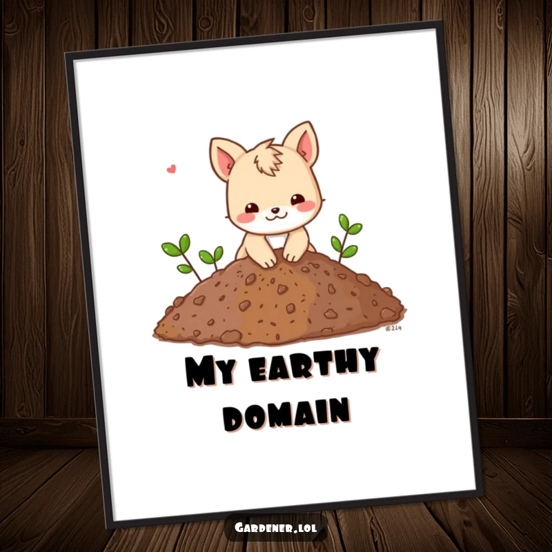 Funny digital art print of an animal character playfully digging in a giant pile of soil, offering instant industrious humor.