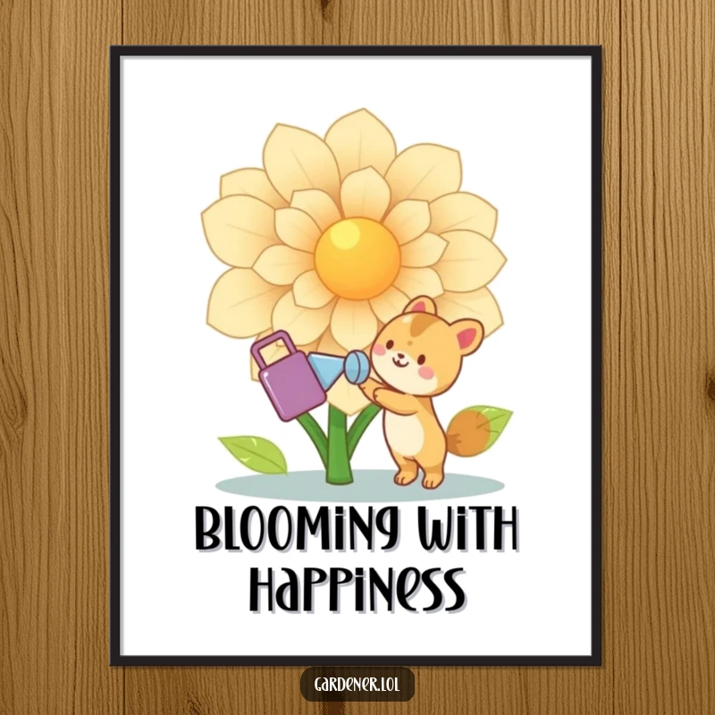 Funny Animal Gardener Digital Art: Cute joyful animal character happily waters a giant flower with a watering can, bringing instant natural charm and whimsy.