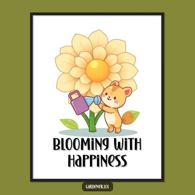 Funny Animal Gardener Digital Art: Instant Download Character Watering Flower Print, Nature Gift