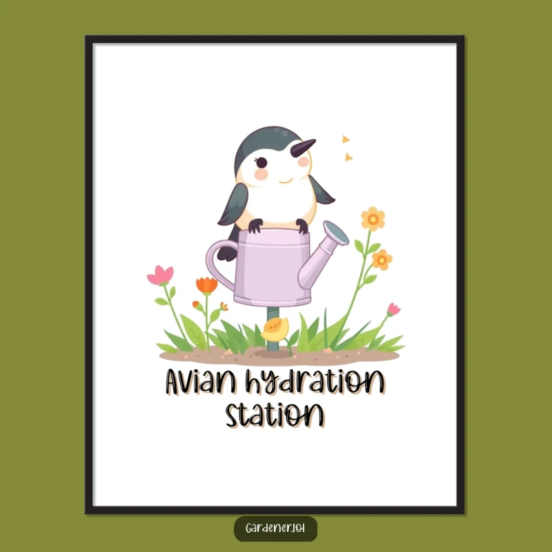 Funny Chickadee Gardener Digital Art: Chirping Bird Print, Whimsical Decor Gift