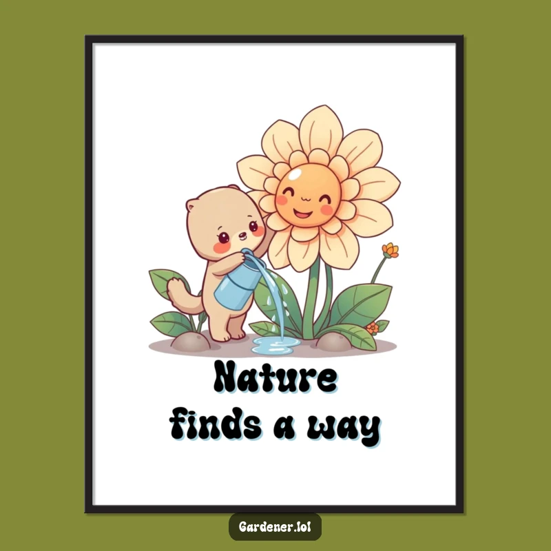 Funny Cute Animal Watering Flower Digital Art, Instant Whimsical Decor