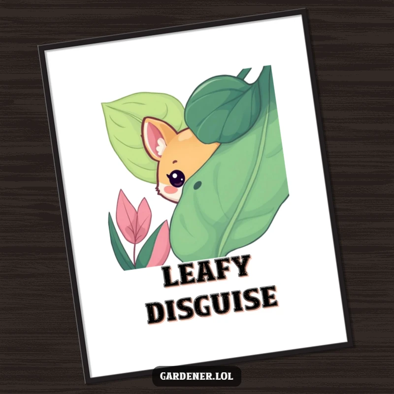 Funny digital art print of a cute animal character playfully peeking from behind a large, lush leaf, a charming and humorous piece of decor.