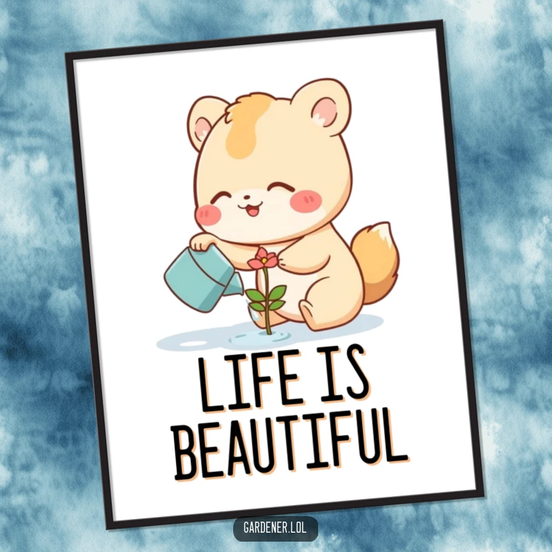 Funny Digital Art of a cute animal character joyfully watering a tiny, smiling flower sprout, bringing a cheerful and humorous natural ambiance to any room.