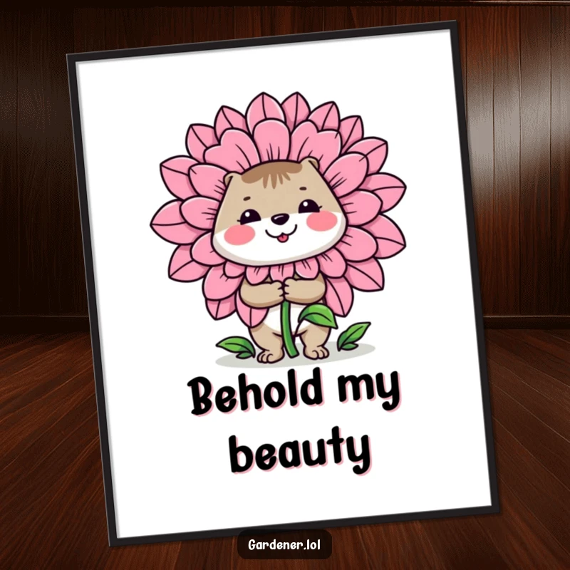 Funny digital art print: A cheerful animal gardener proudly presents a ridiculously large flower, symbolizing achievement and natural beauty.