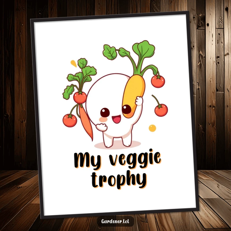 Funny Digital Print: A beaming character proudly displays a freshly picked, vibrant vegetable, perfect for charming and humorous wall decor.