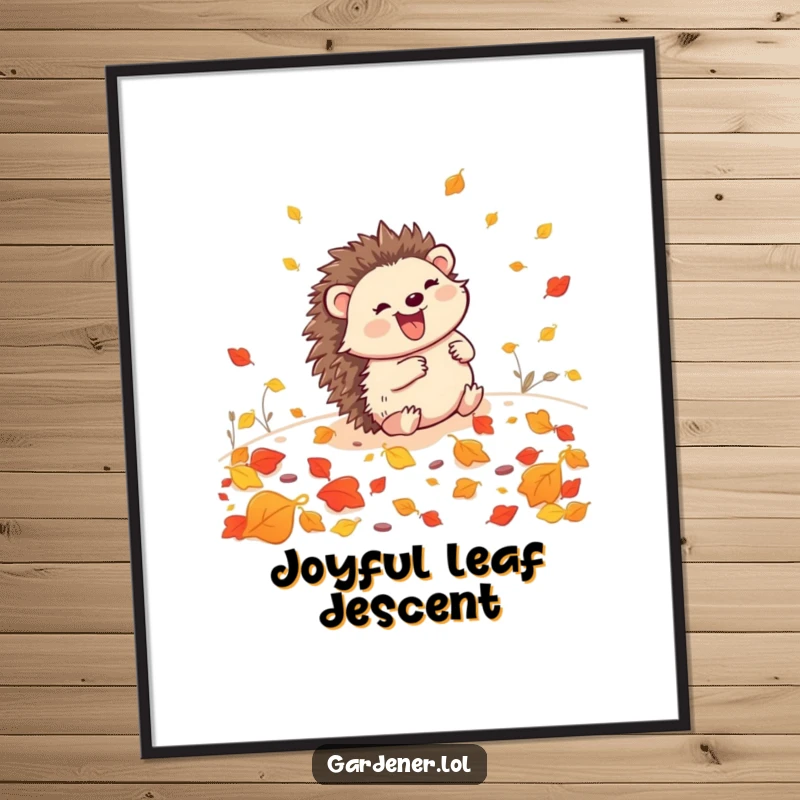 Funny Hedgehog Gardener Digital Art Print: A happy hedgehog rolls through leaves, capturing a moment of pure autumnal delight.
