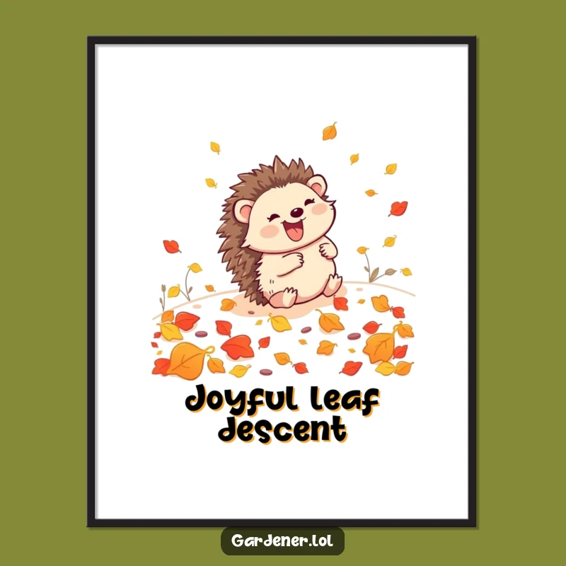 Funny Hedgehog Gardener Digital Art: Joyful Leaf Rolling Print, Whimsical Decor Gift