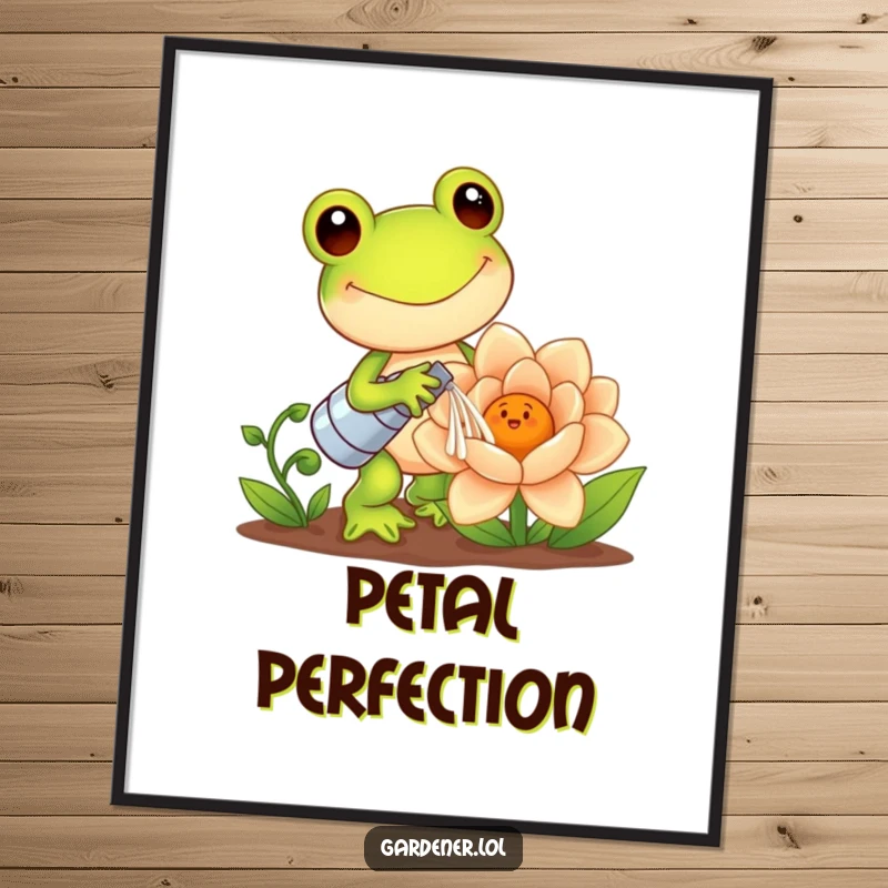 Funny Kawaii Frog Art Print: Frog gardener waters a giant smiling flower, a humorous and cute design celebrating nature, downloadable for instant decor and a great gift.