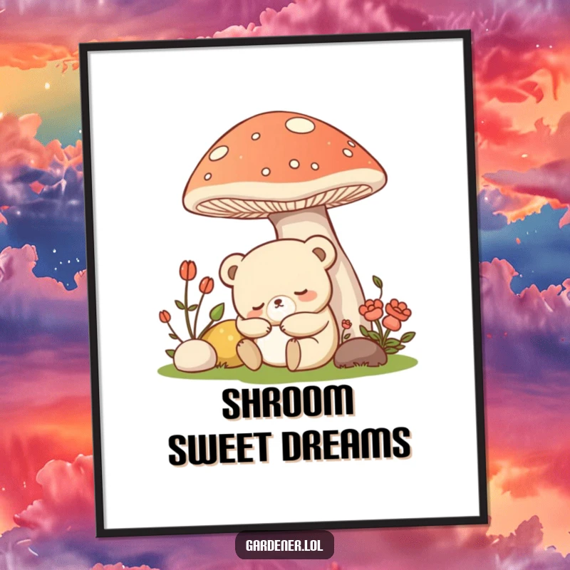 Funny Kawaii bear gardener digital art print of a sleepy bear napping under a mushroom, instant download.