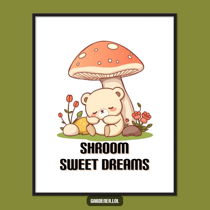 Funny Kawaii Bear Gardener Digital Print, Sleepy Mushroom Art, Instant Gift