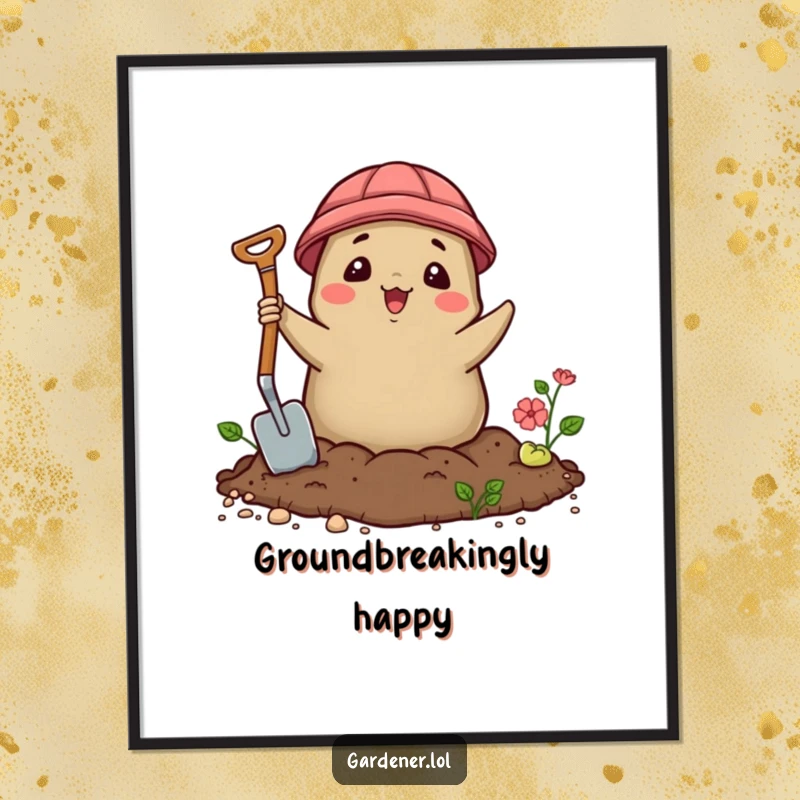 Funny Kawaii mole gardener digital art print of a delighted character emerging from soil with a trowel, instant download.