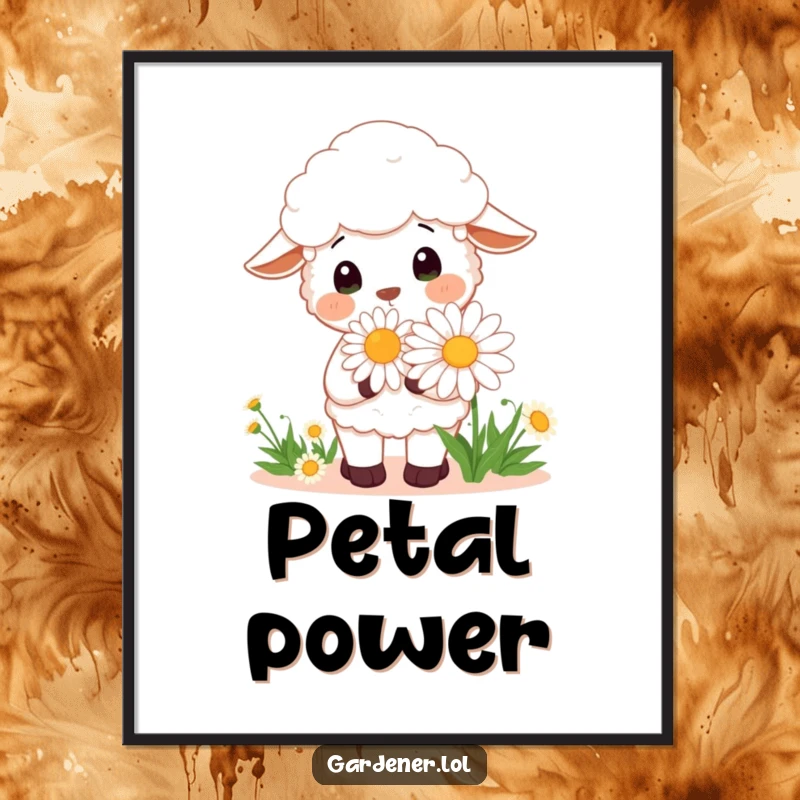 Funny Kawaii sheep gardener digital art print of a cheerful sheep smelling a large daisy, instant download.