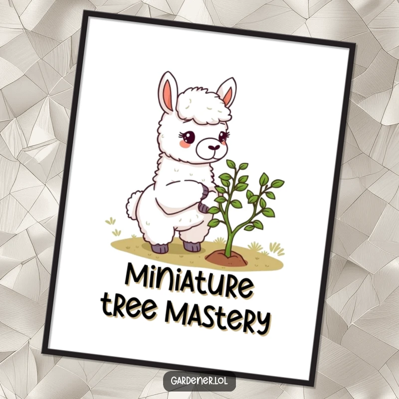 Funny Llama Gardener Digital Art Print: A delightful llama thoughtfully prunes a miniature tree, capturing a moment of quiet humor.