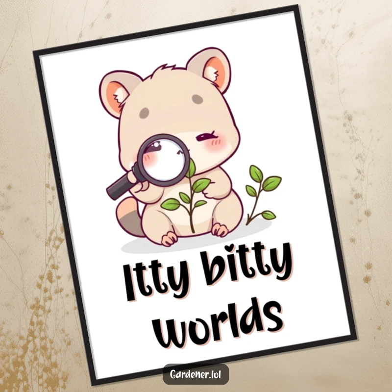 Funny digital art print of a cute animal character examining a plant closely with a magnifying glass, conveying a humorous and inquisitive mood.