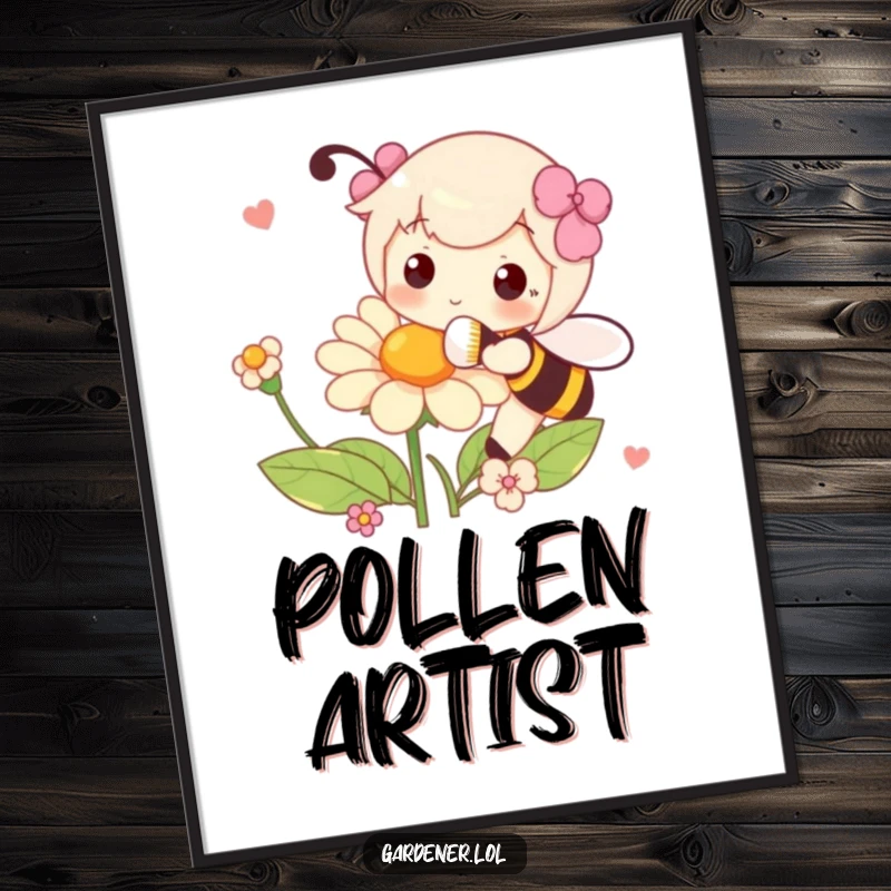 Funny digital art print of a character playfully pollinating a flower with a fluffy brush, perfect for artistic decoration.