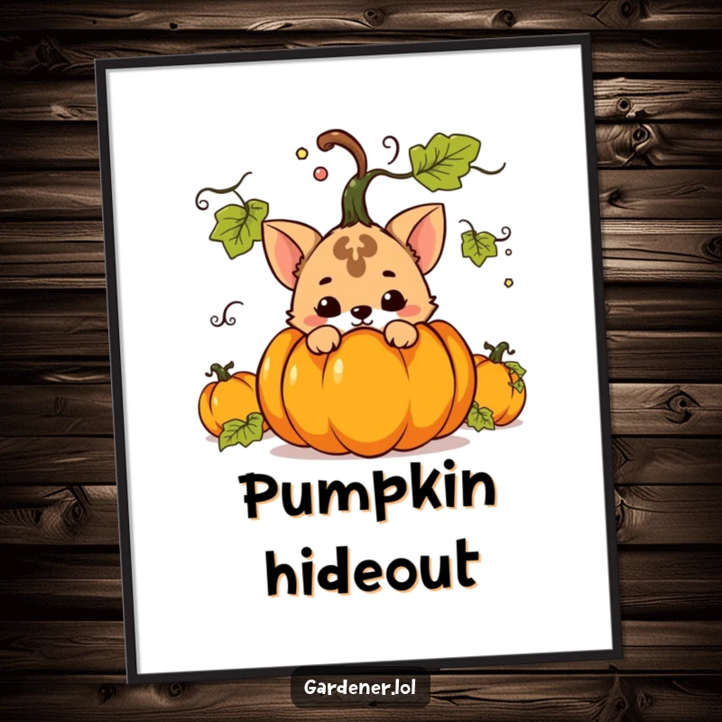 Funny digital art print of a mischievous animal character hiding behind a large pumpkin, capturing a moment of playful secrecy.