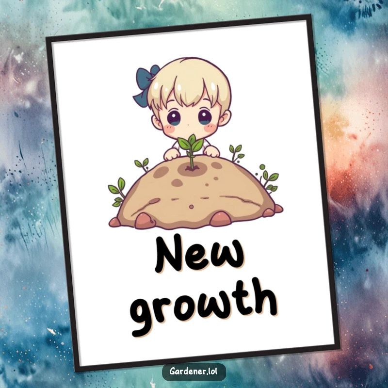 Funny digital art print of a character admiring a tiny sprout emerging from the earth, perfect for hopeful decoration.