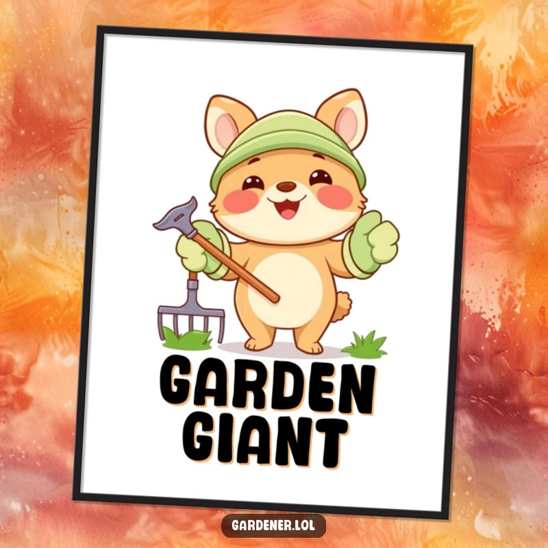 Funny Digital Art Print: A joyful animal character in big gloves holds a rake, bringing charming garden vibes indoors.