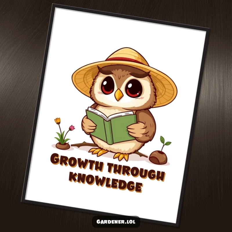 Funny Kawaii owl gardener digital art, showing a wise owl reading a gardening book, perfect for instant intellectual decor.