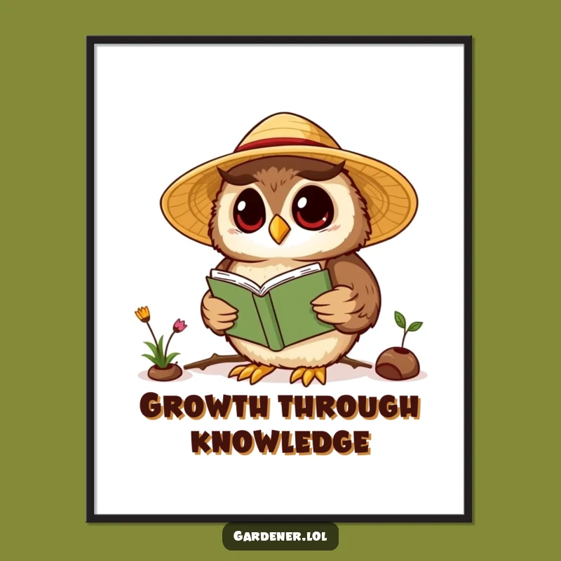 Funny Kawaii Owl Gardener Digital Art, Wise Reading, Instant Intellectual Decor